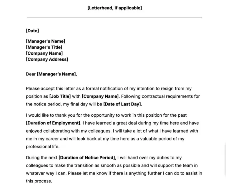 snippet of job resignation letter template